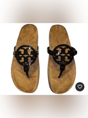 Tory  Burch Black Logo Thong Sandals on Brown Suede Footbed
